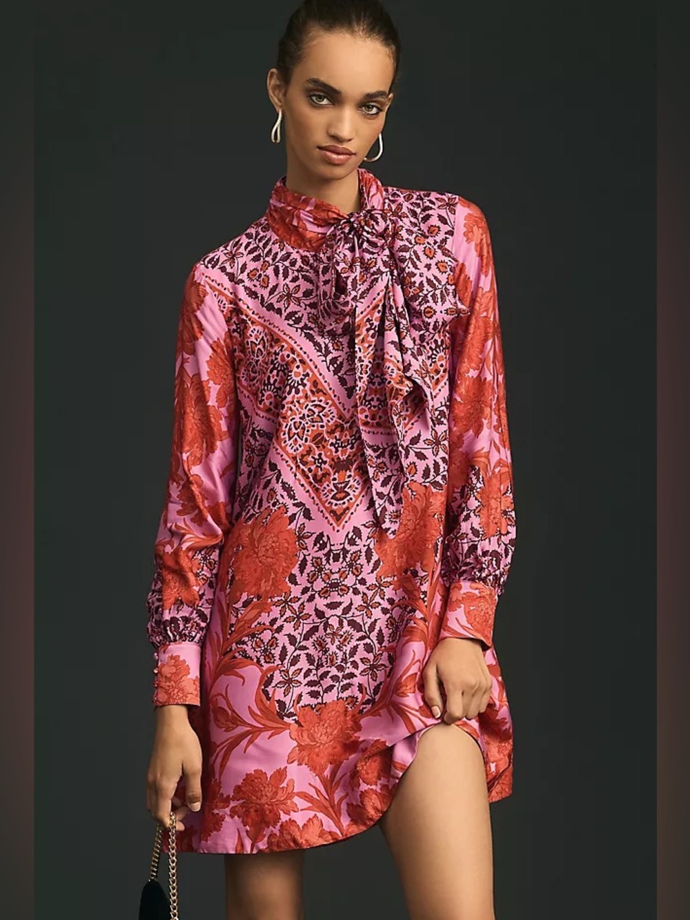 Anthropologie Maeve Caroline Tie Neck Floral Print Mini Dress Fall Boho Women XS